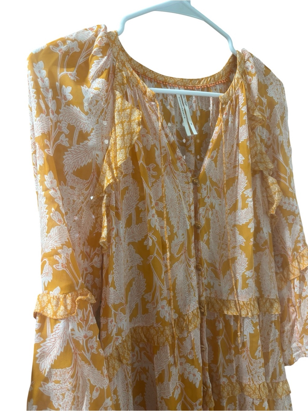 Anthropologie Mia Boho Mustard Floral Ruffle Tiered Flowy Tunic Top Size XS - Picture 2 of 6